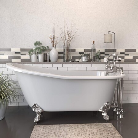 Cambridge Plumbing Cast iron clawfoot slipper tub and deck mount plumbing pkg faucet 463D Brushed Nickel Holes 67" ST67-463D-2-PKG-BN-7DH
